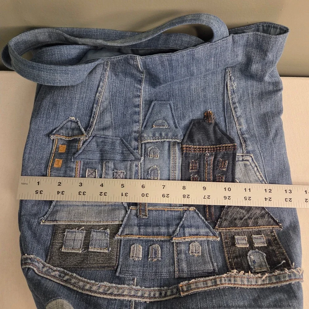 Denim Patchwork Tote Bag Shoulder Straps Cityscape Town